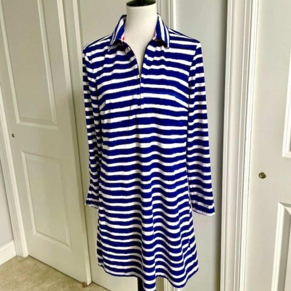 Cabana Life Blue White Stripe Shirt Dress with Zip Sleeves Size Large